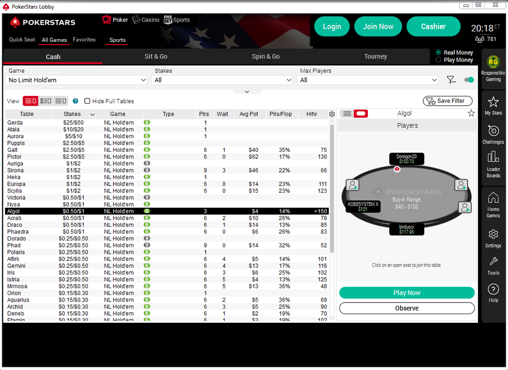 or pick your seat manually using the detailed cash game lobby view